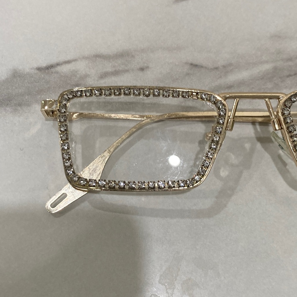 Gold Rhinestone Rectangle Frame Fashion Glasses - Picture 16 of 16